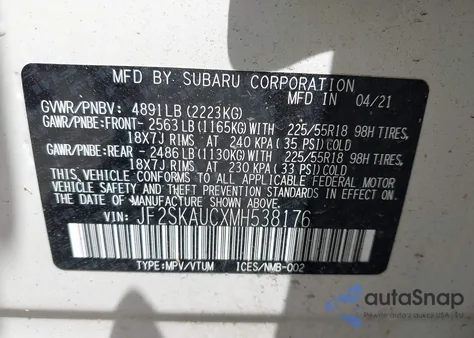 2021 Subaru Forester Limited z USA, uszkodzony, nr VIN JF2SKAUCXMH538176